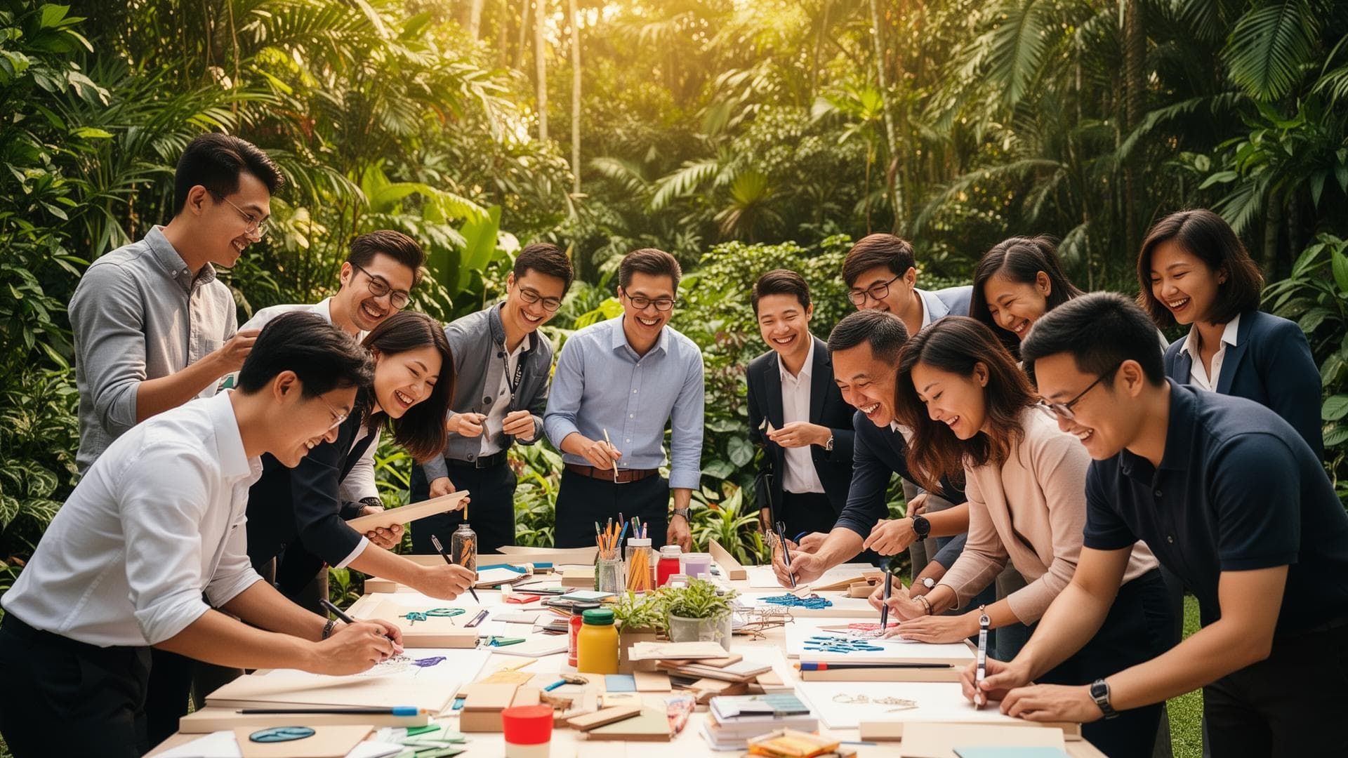 Team bonding activity in Singapore with diverse professionals collaborating outdoors